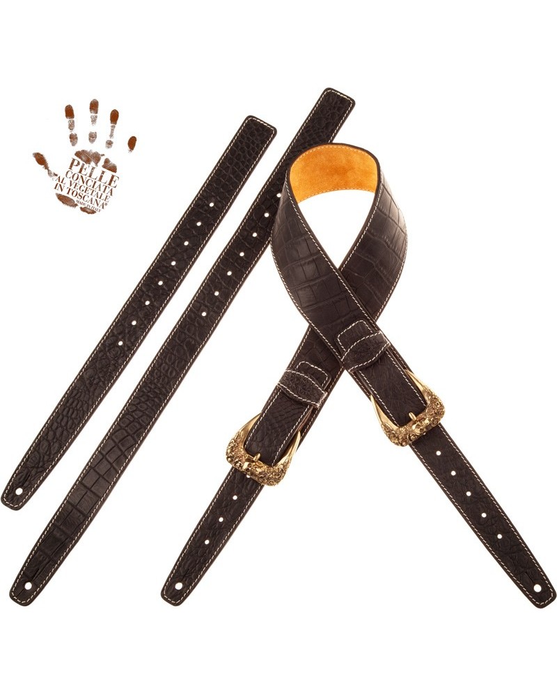 magrabò guitar straps | twin buckle ts embossed cocco pros black 7 cm skull & roses brass buckle