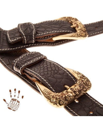 magrabò guitar straps | twin buckle ts embossed cocco pros black 7 cm skull & roses brass buckle