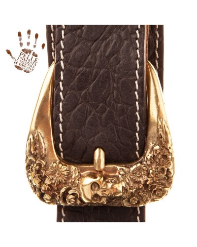 Tracolla per Chitarra e Basso Nero Vera Pelle Conciata Al Vegetale 7 Cm Skull & Roses Cocco Pros Twin Buckle TS Embossed 