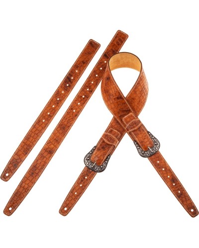 Guitar Strap Brown Certified Vegetable Tanned Leather 7 Cm Sun Croco Lux Twin Buckle TS Embossed 