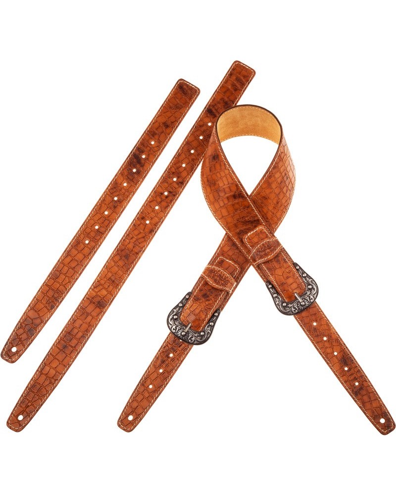 Guitar Strap Brown Certified Vegetable Tanned Leather 7 Cm Sun Croco Lux Twin Buckle TS Embossed 