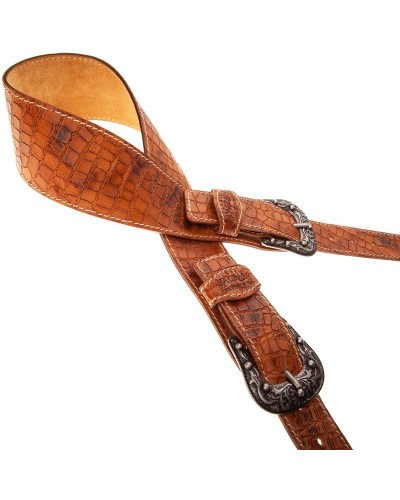 Guitar Strap Brown Certified Vegetable Tanned Leather 7 Cm Sun Croco Lux Twin Buckle TS Embossed 