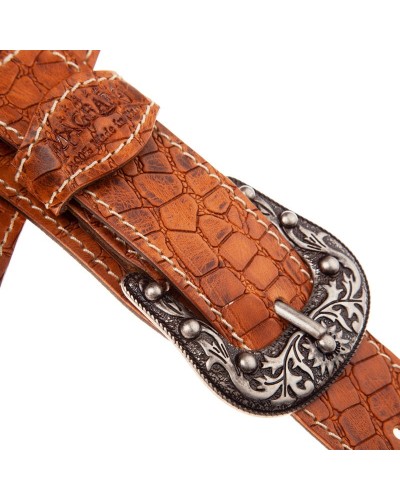 Guitar Strap Brown Certified Vegetable Tanned Leather 7 Cm Sun Croco Lux Twin Buckle TS Embossed 