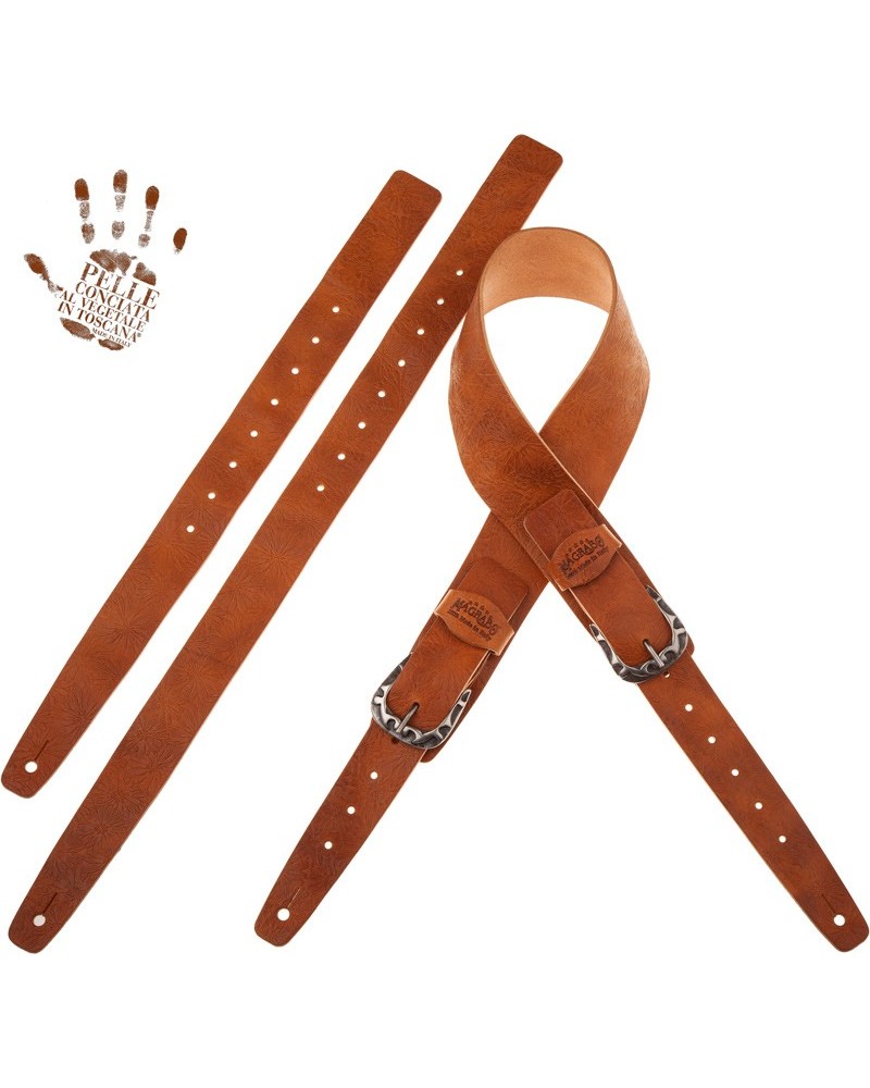 magrabò guitar straps | twin buckle tc embossed spring brown 7 cm flames silver buckle