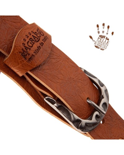 magrabò guitar straps | twin buckle tc embossed spring brown 7 cm flames silver buckle