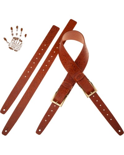 Guitar Strap Brown Certified Vegetable Tanned Leather 7 Cm Meccano Flores Twin Buckle TC Embossed 