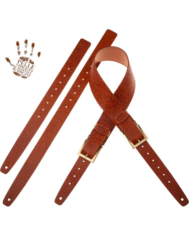 Tracolla per Chitarra e Basso Marrone Vera Pelle Conciata Al Vegetale 7 Cm Meccano Flores Twin Buckle TC Embossed 