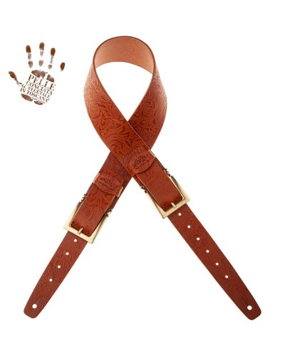 Guitar Strap Brown Certified Vegetable Tanned Leather 7 Cm Meccano Flores Twin Buckle TC Embossed 