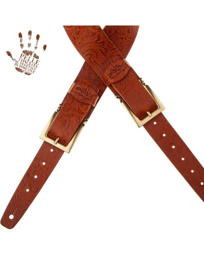 Guitar Strap Brown Certified Vegetable Tanned Leather 7 Cm Meccano Flores Twin Buckle TC Embossed 