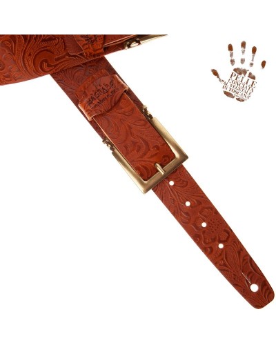 Guitar Strap Brown Certified Vegetable Tanned Leather 7 Cm Meccano Flores Twin Buckle TC Embossed 