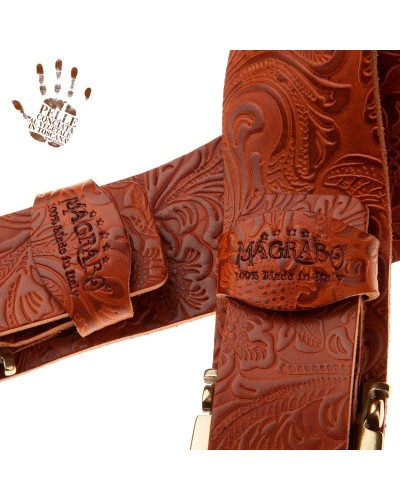 Guitar Strap Brown Certified Vegetable Tanned Leather 7 Cm Meccano Flores Twin Buckle TC Embossed 