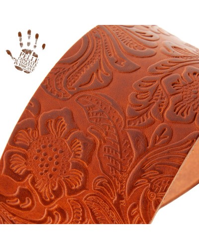 Guitar Strap Brown Certified Vegetable Tanned Leather 7 Cm Meccano Flores Twin Buckle TC Embossed 