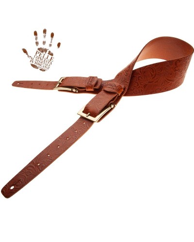 Guitar Strap Brown Certified Vegetable Tanned Leather 7 Cm Meccano Flores Twin Buckle TC Embossed 