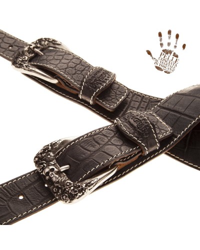 Guitar Strap Black Certified Vegetable Tanned Leather 7 Cm Skull & Roses Cocco Pros Twin Buckle TS Embossed 