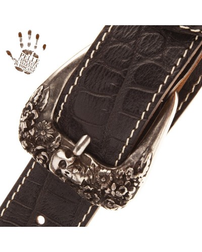 magrabò guitar straps | twin buckle ts embossed cocco pros black 7 cm skull & roses silver buckle