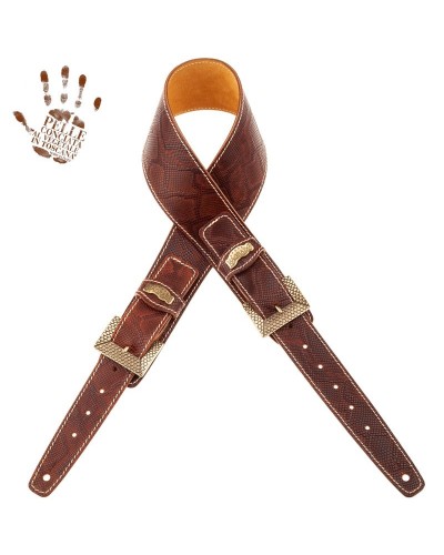 Guitar Strap Brown Certified Vegetable Tanned Leather 7 Cm Scaled Snake Twin Buckle TS Embossed 