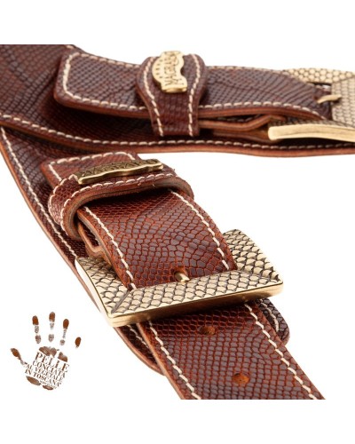 Tracolla per Chitarra e Basso Marrone Vera Pelle Conciata Al Vegetale 7 Cm Scaled Snake Twin Buckle TS Embossed 