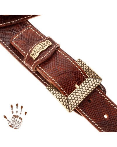 Tracolla per Chitarra e Basso Marrone Vera Pelle Conciata Al Vegetale 7 Cm Scaled Snake Twin Buckle TS Embossed 