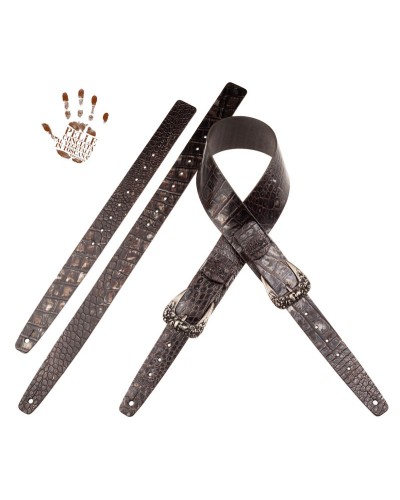 Guitar Strap Black Certified Vegetable Tanned Leather 7 Cm Skull & Roses Cocco Dalma Twin Buckle TC Embossed 