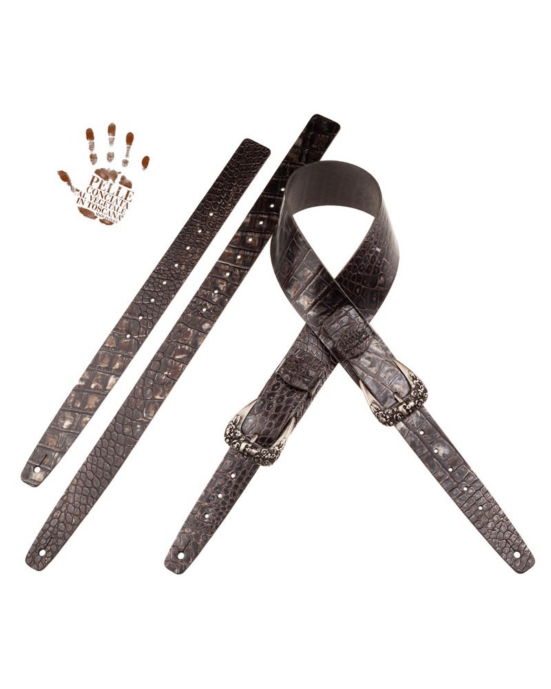 Tracolla per Chitarra e Basso Nero Vera Pelle Conciata Al Vegetale 7 Cm Skull & Roses Cocco Dalma Twin Buckle TC Embossed 