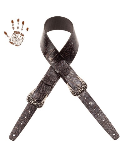 Tracolla per Chitarra e Basso Nero Vera Pelle Conciata Al Vegetale 7 Cm Skull & Roses Cocco Dalma Twin Buckle TC Embossed 