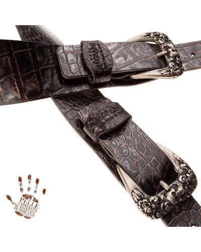 magrabò guitar straps | twin buckle tc embossed cocco dalma 7 cm skull and roses silver buckle