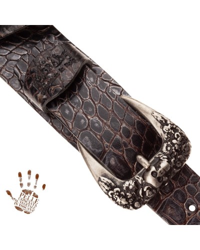 Tracolla per Chitarra e Basso Nero Vera Pelle Conciata Al Vegetale 7 Cm Skull & Roses Cocco Dalma Twin Buckle TC Embossed 