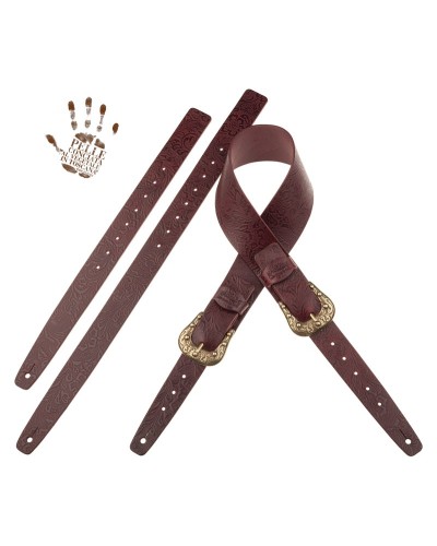 Tracolla per Chitarra e Basso Bordeaux Vera Pelle Conciata Al Vegetale 7 Cm Sun Flores Twin Buckle TC Embossed 