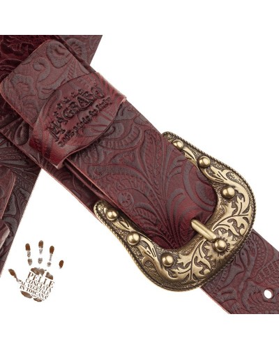 Guitar Strap Bordeaux Certified Vegetable Tanned Leather 7 Cm Sun Flores Twin Buckle TC Embossed 