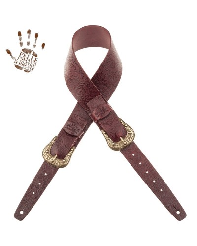 Tracolla per Chitarra e Basso Bordeaux Vera Pelle Conciata Al Vegetale 7 Cm Sun Flores Twin Buckle TC Embossed 