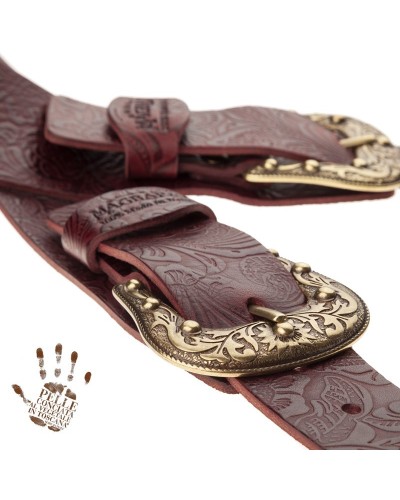 Tracolla per Chitarra e Basso Bordeaux Vera Pelle Conciata Al Vegetale 7 Cm Sun Flores Twin Buckle TC Embossed 