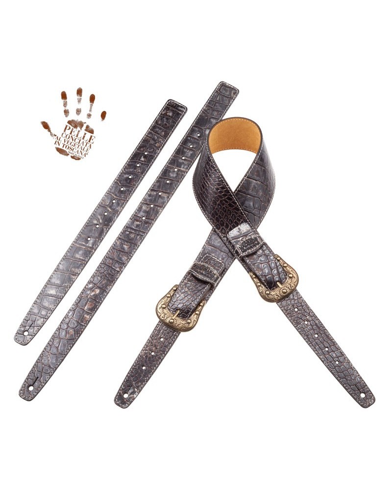 Tracolla per Chitarra e Basso Nero Vera Pelle Conciata Al Vegetale 7 Cm Sun Cocco Dalma Twin Buckle TS Embossed 