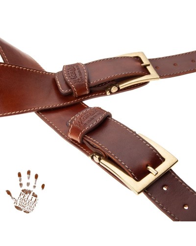 Guitar Strap Brown Certified Vegetable Tanned Leather 7 Cm Meccano Twin Buckle TS Stone Washed 