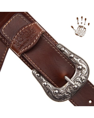 Tracolla per Chitarra e Basso Marrone Vera Pelle Conciata Al Vegetale 7 Cm Sun Twin Buckle TS Stone Washed 