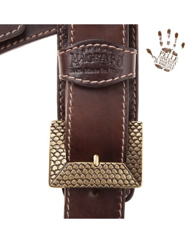 Guitar Strap Brown Certified Vegetable Tanned Leather 7 Cm Scaled Twin Buckle TS Stone Washed 