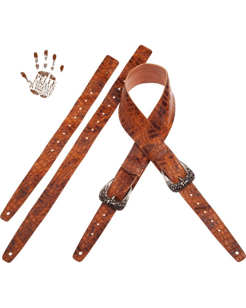 magrabò guitar straps | twin buckle tc embossed croco lux brown 7 cm skull & roses silver buckle