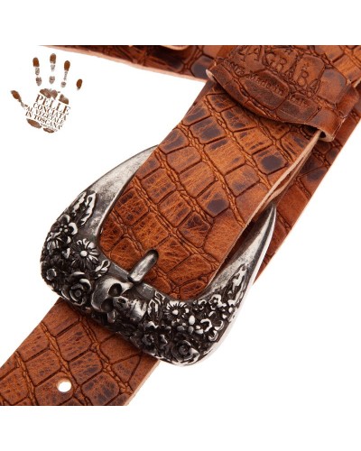 Guitar Strap Brown Certified Vegetable Tanned Leather 7 Cm Skull & Roses Croco Lux Twin Buckle TC Embossed 