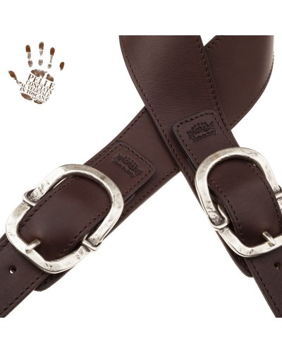 Tracolla per Chitarra e Basso Marrone Scuro Vera Pelle Conciata Al Vegetale 7 Cm Old Round Twin Buckle TS Core 