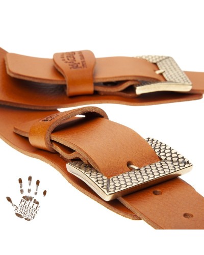 Guitar Strap Brown Certified Vegetable Tanned Leather 7 Cm Scaled Twin Buckle TC Core 