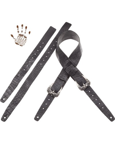 magrabò guitar straps | twin buckle tc embossed cocco pros black 7 cm skull & roses silver buckle