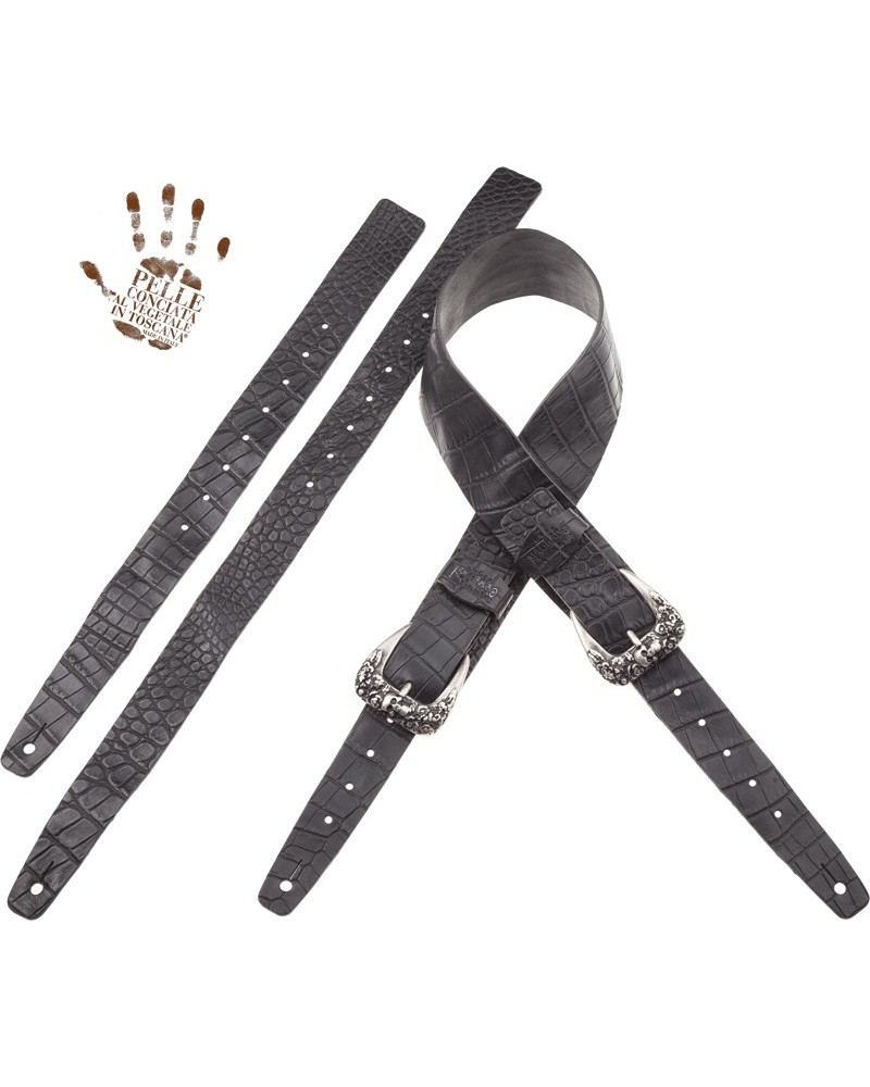 Tracolla per Chitarra e Basso Nero Vera Pelle Conciata Al Vegetale 7 Cm Skull & Roses Cocco Pros Twin Buckle TC Embossed 