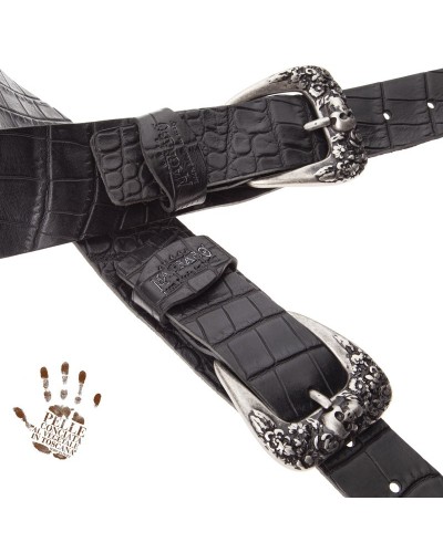 Tracolla per Chitarra e Basso Nero Vera Pelle Conciata Al Vegetale 7 Cm Skull & Roses Cocco Pros Twin Buckle TC Embossed 