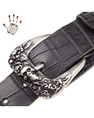 Tracolla per Chitarra e Basso Nero Vera Pelle Conciata Al Vegetale 7 Cm Skull & Roses Cocco Pros Twin Buckle TC Embossed 