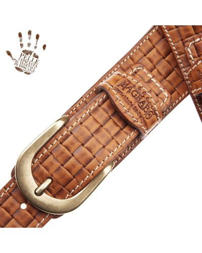 Guitar Strap Brown Certified Vegetable Tanned Leather 7 Cm Round Intreccio Twin Buckle TS Embossed 