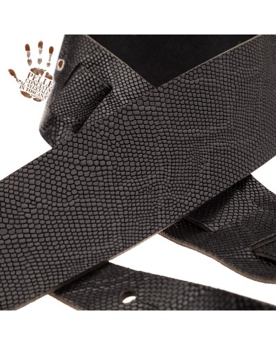 Guitar Strap Black Certified Vegetable Tanned Leather 6 Cm Snake Holes HC Embossed 