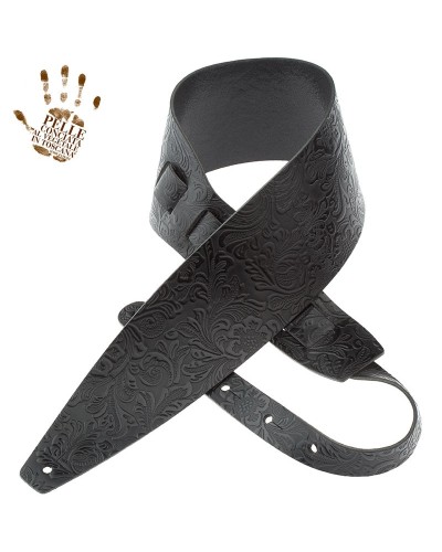 Tracolla per Chitarra e Basso Nero Vera Pelle Conciata Al Vegetale 10 Cm Flores Holes HC Embossed 