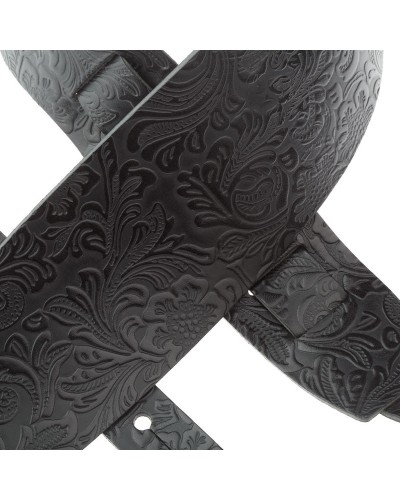 Guitar Strap Black Certified Vegetable Tanned Leather 10 Cm Flores Holes HC Embossed 