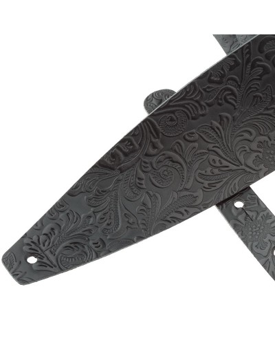 Guitar Strap Black Certified Vegetable Tanned Leather 10 Cm Flores Holes HC Embossed 