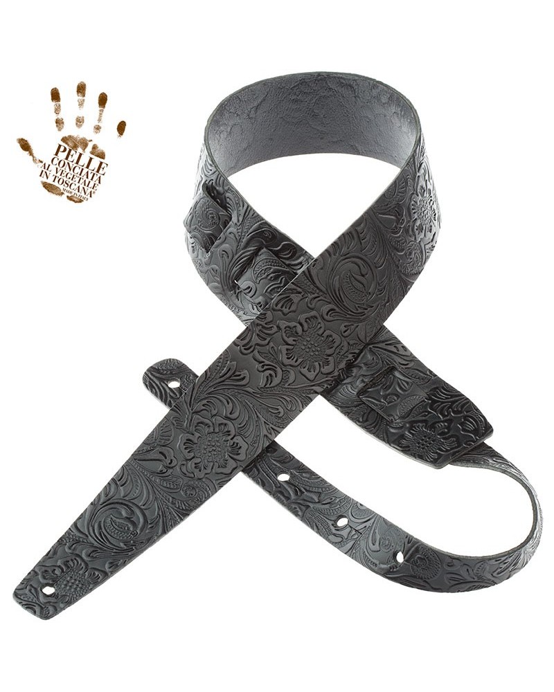 Tracolla per Chitarra e Basso Nero Vera Pelle Conciata Al Vegetale 6 Cm Flores Holes HC Embossed 