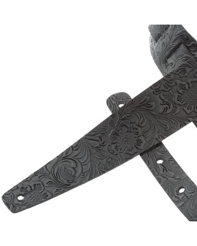 Guitar Strap Black Certified Vegetable Tanned Leather 6 Cm Flores Holes HC Embossed 